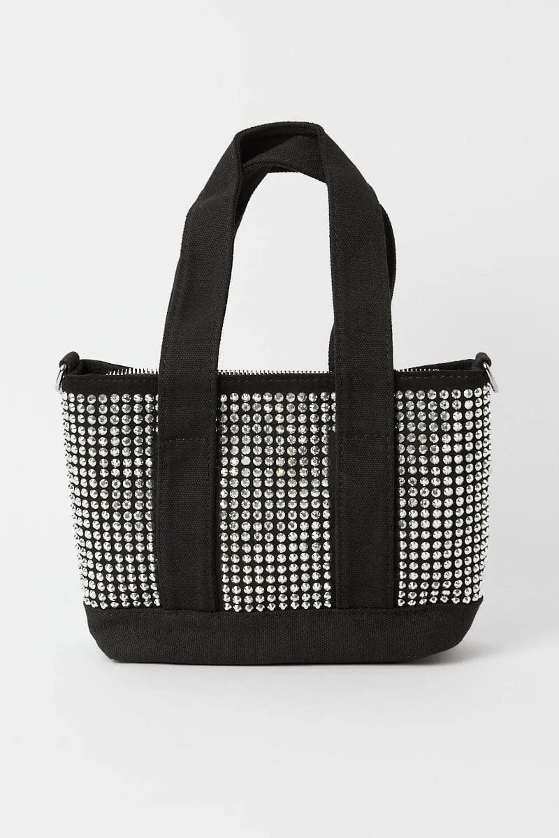 Black Rhinestone Decor Small Tote Bag