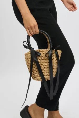 Black Straw Bag Crossbody Mini Basket Satin Bow