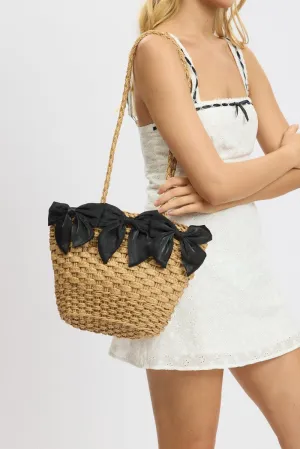 Black Straw Basket Shoulder Bag with Bows