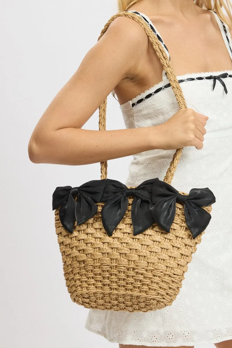 Black Straw Basket Shoulder Bag with Bows