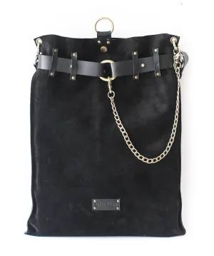 Black Suede Leather Backpack - "Ring Belt"