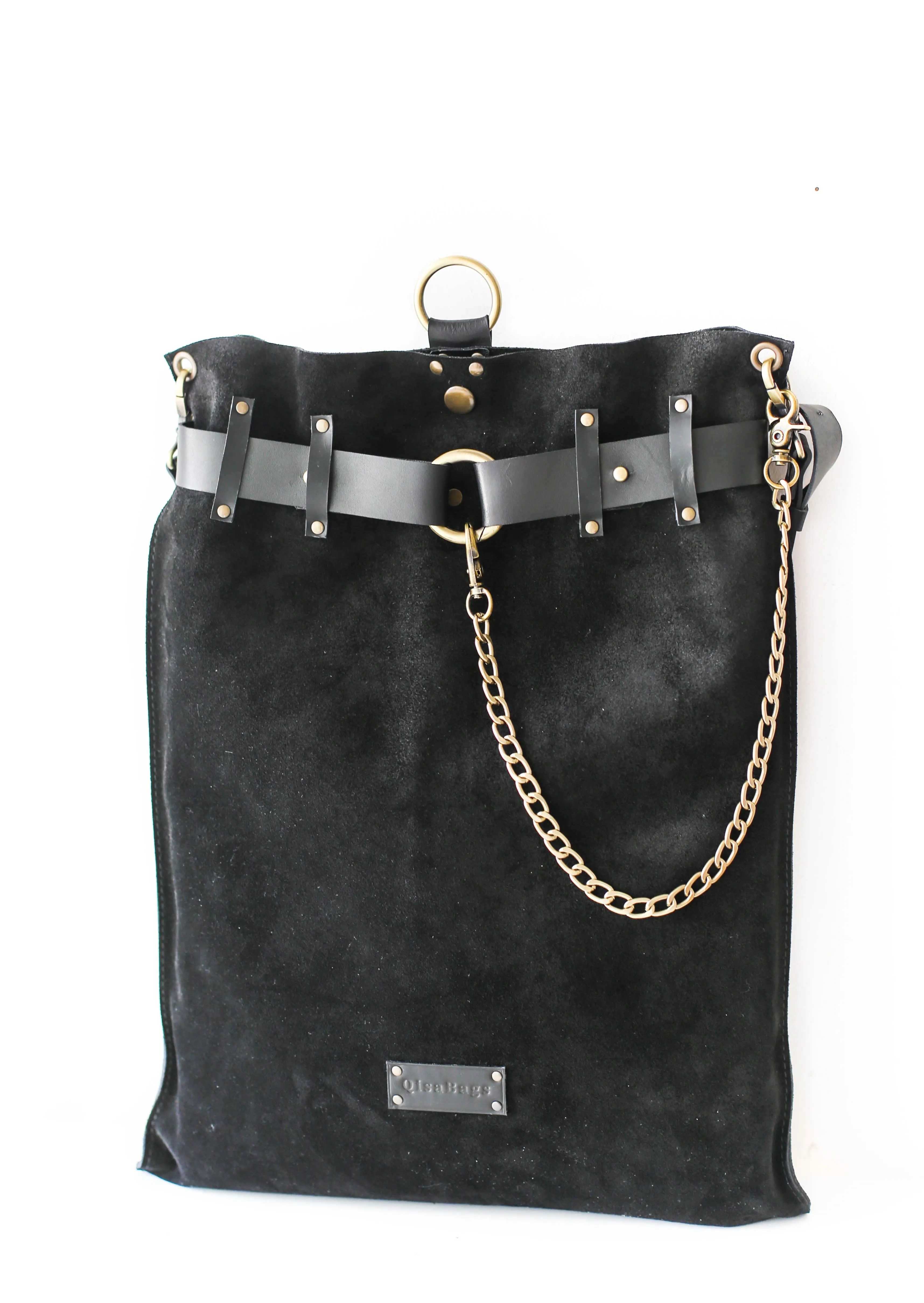 Black Suede Leather Backpack - "Ring Belt"