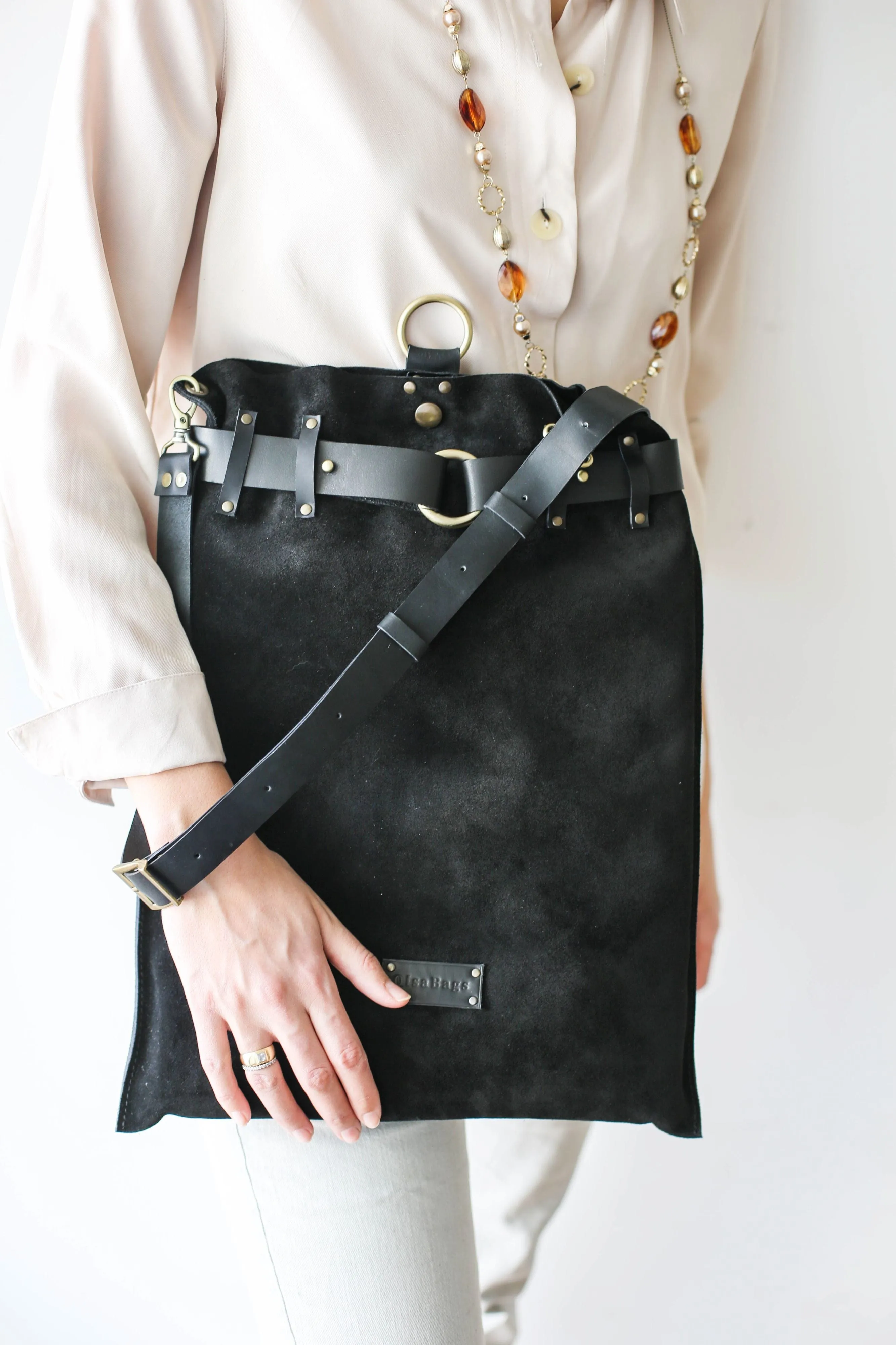 Black Suede Leather Backpack - "Ring Belt"