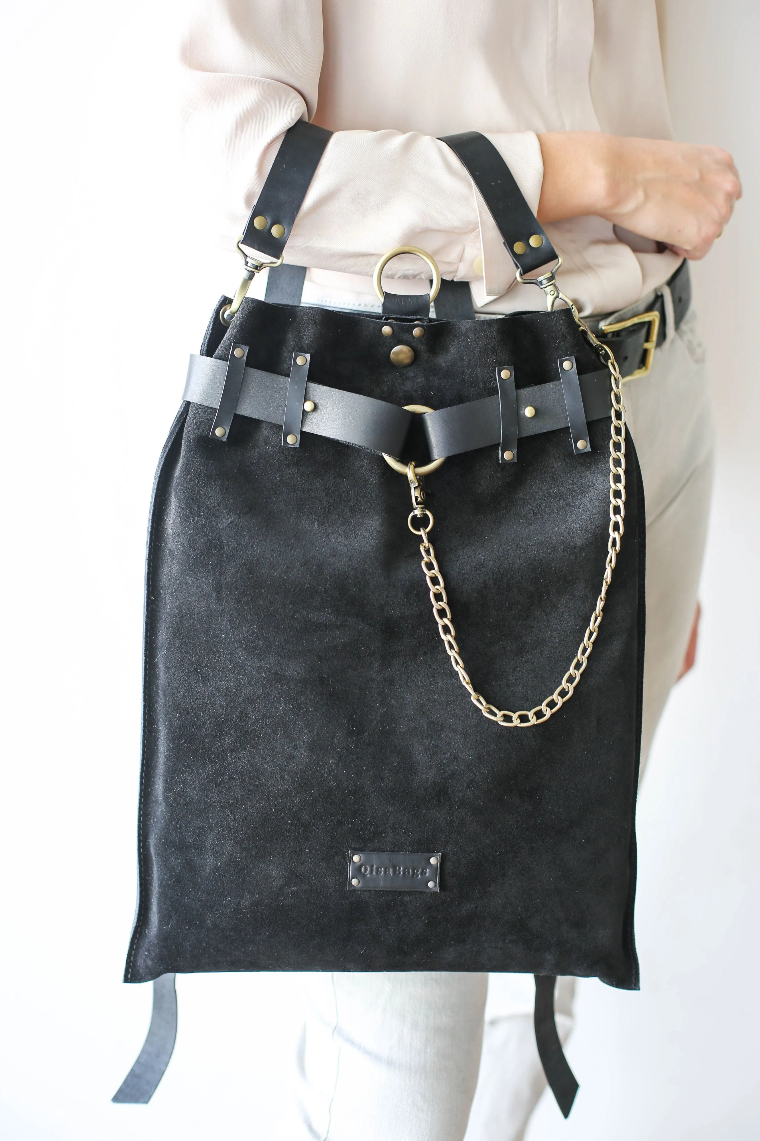 Black Suede Leather Backpack - "Ring Belt"