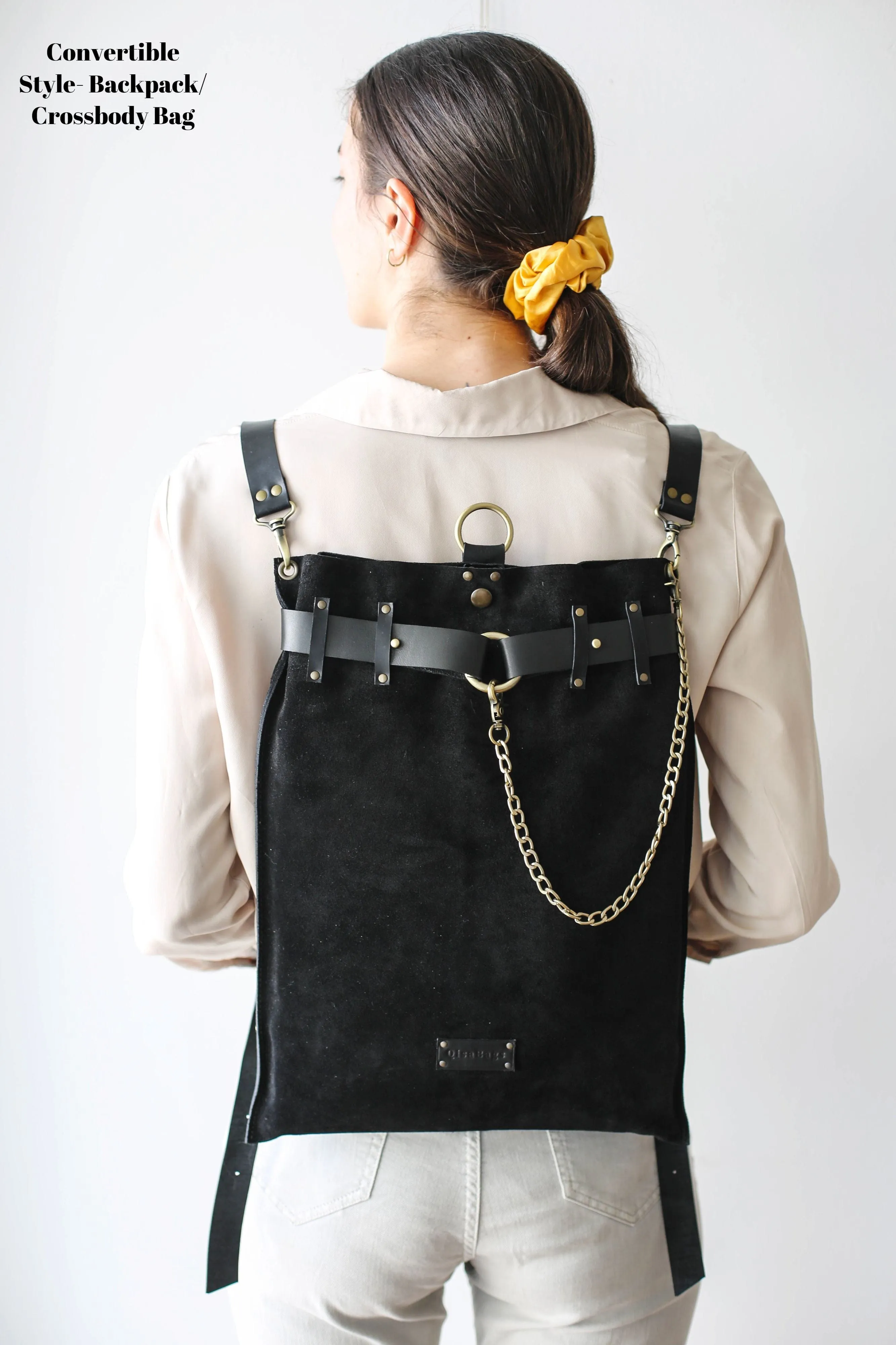 Black Suede Leather Backpack - "Ring Belt"