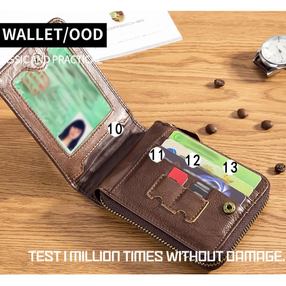 Boy Wallet Leather Zipper Card Holder Wallet Retro RFID Blocking Secure Bag