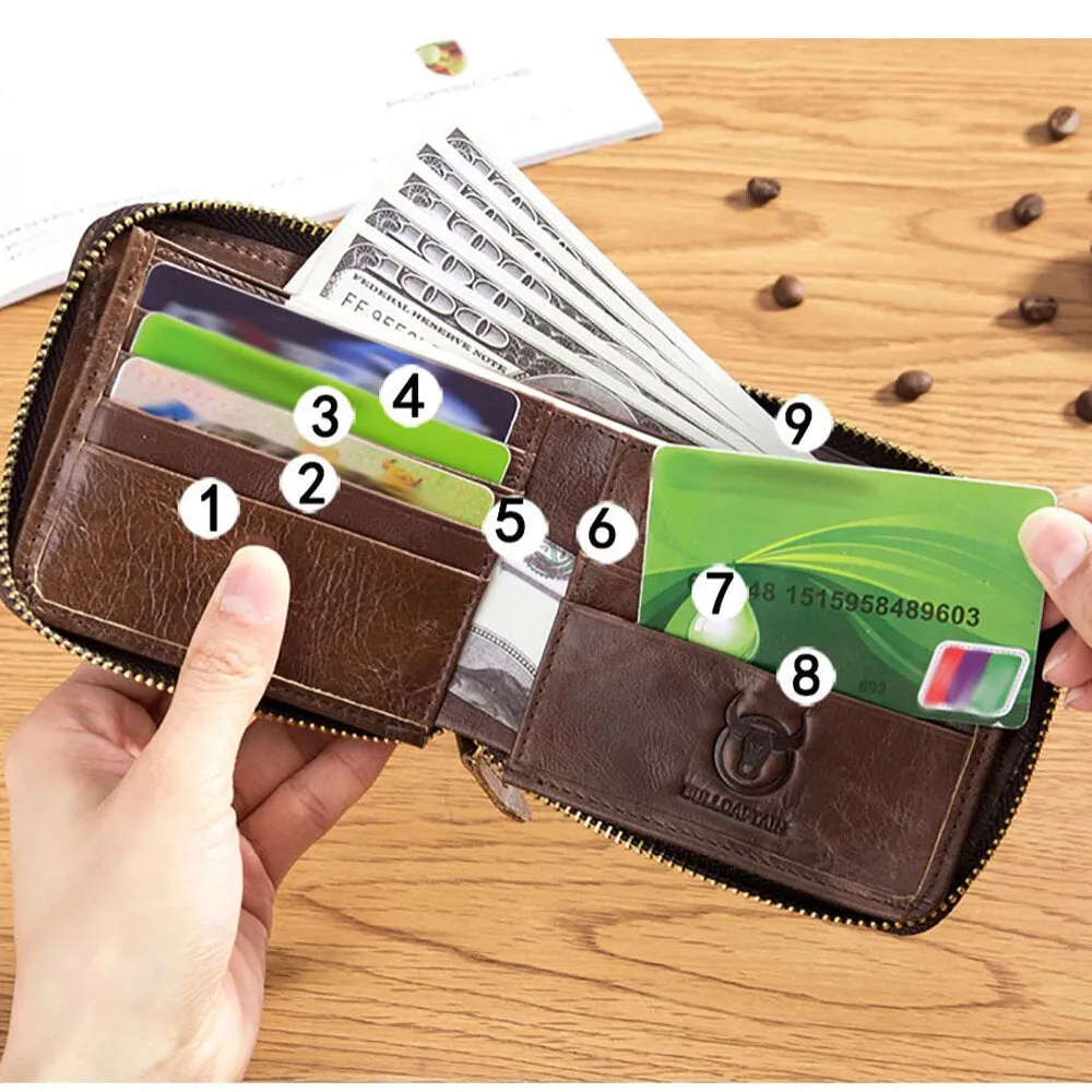 Boy Wallet Leather Zipper Card Holder Wallet Retro RFID Blocking Secure Bag