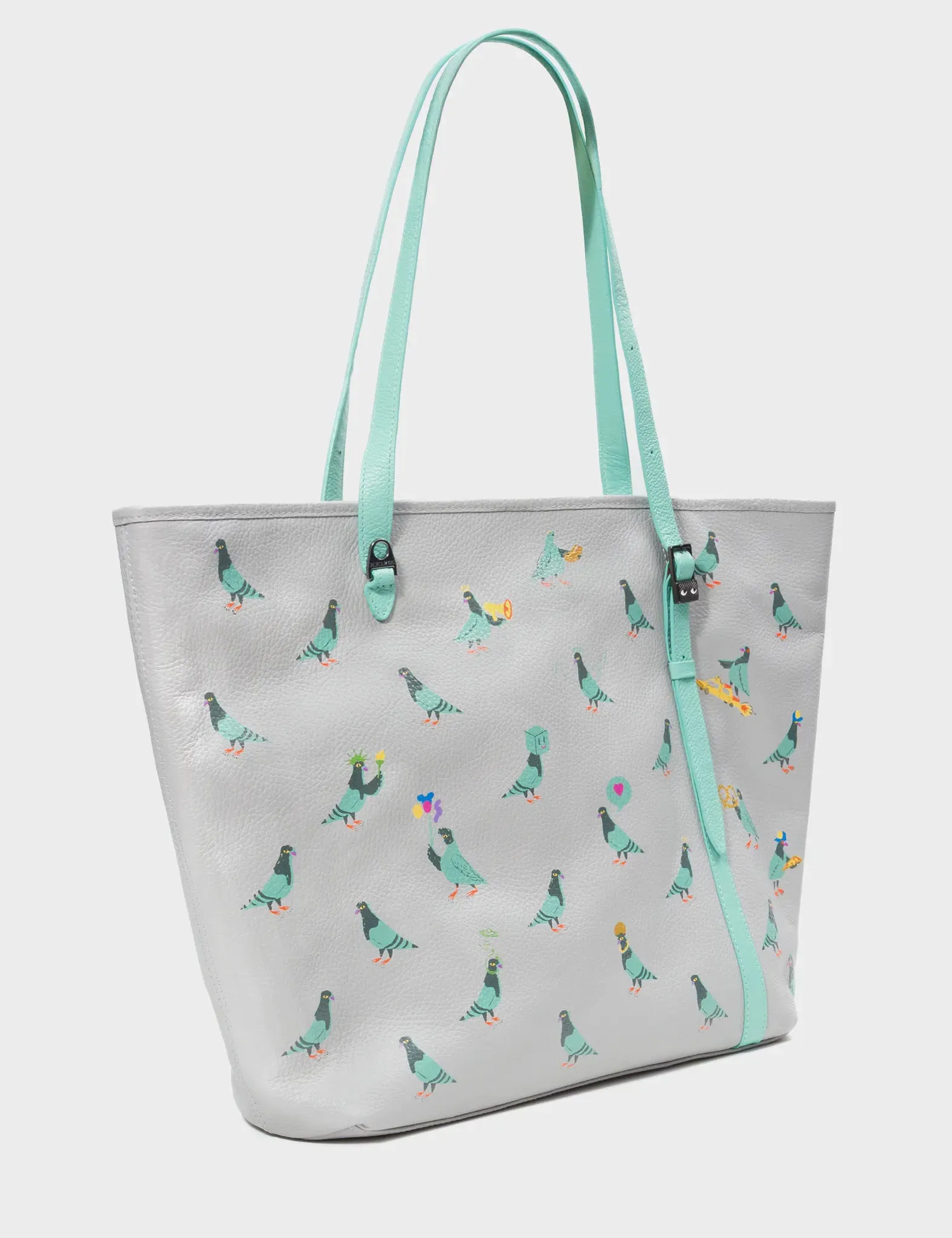 Bruno Moonwalk Gray Leather Tote Bag - Pigeonista Print