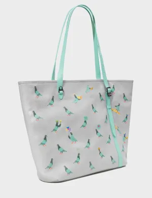 Bruno Moonwalk Gray Leather Tote Bag - Pigeonista Print