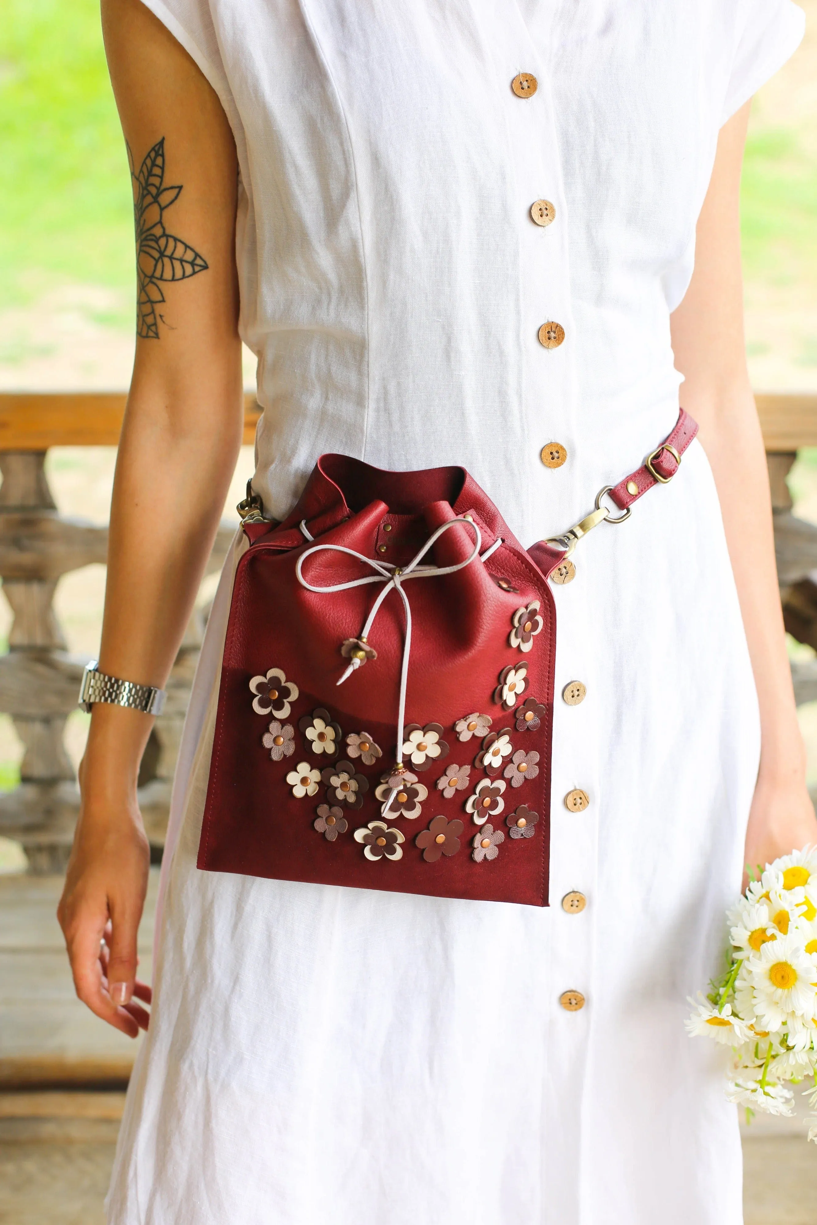 Burgundy Floral Suede Pouch Bag