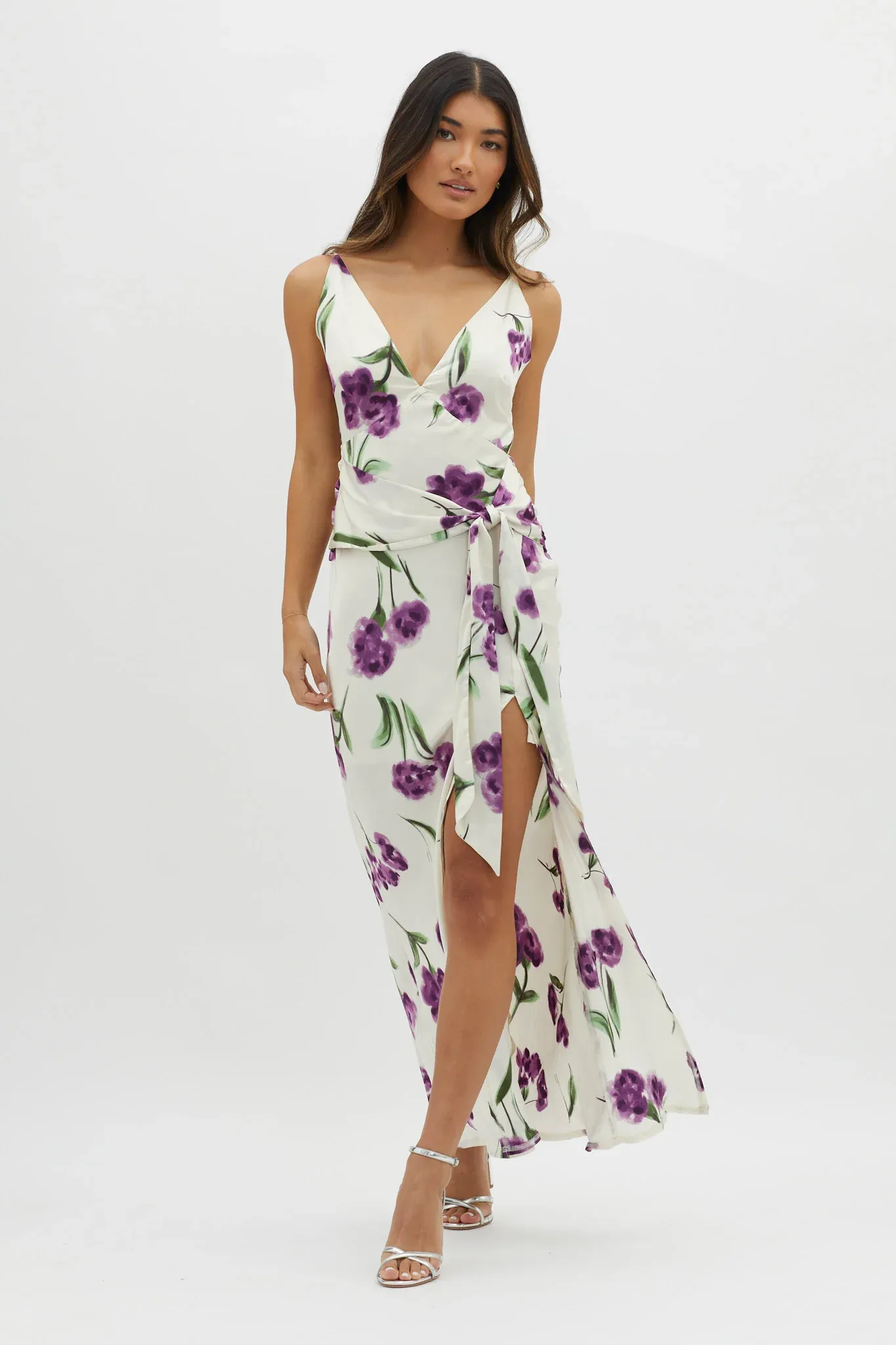 Corinna Tied Waist Split Dress Floral Purple