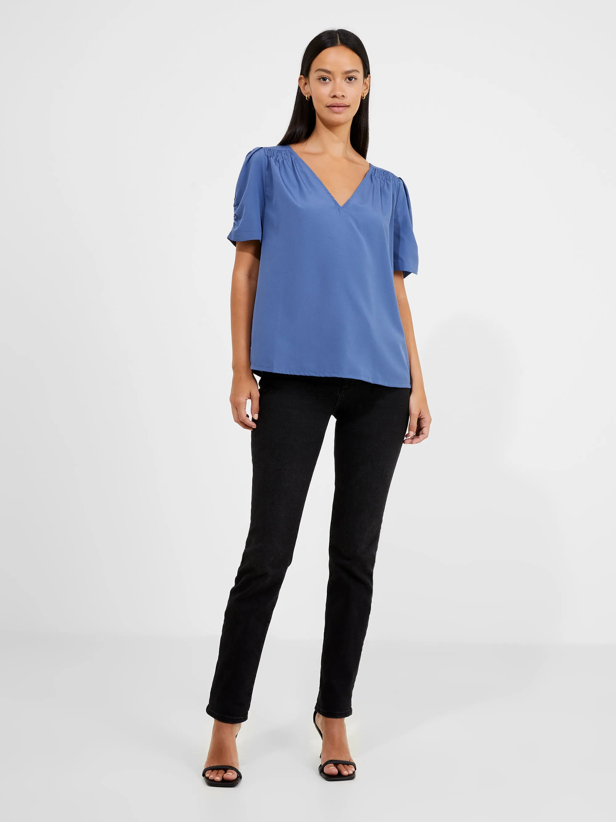 Crepe Recycled V Neck Smocked Top