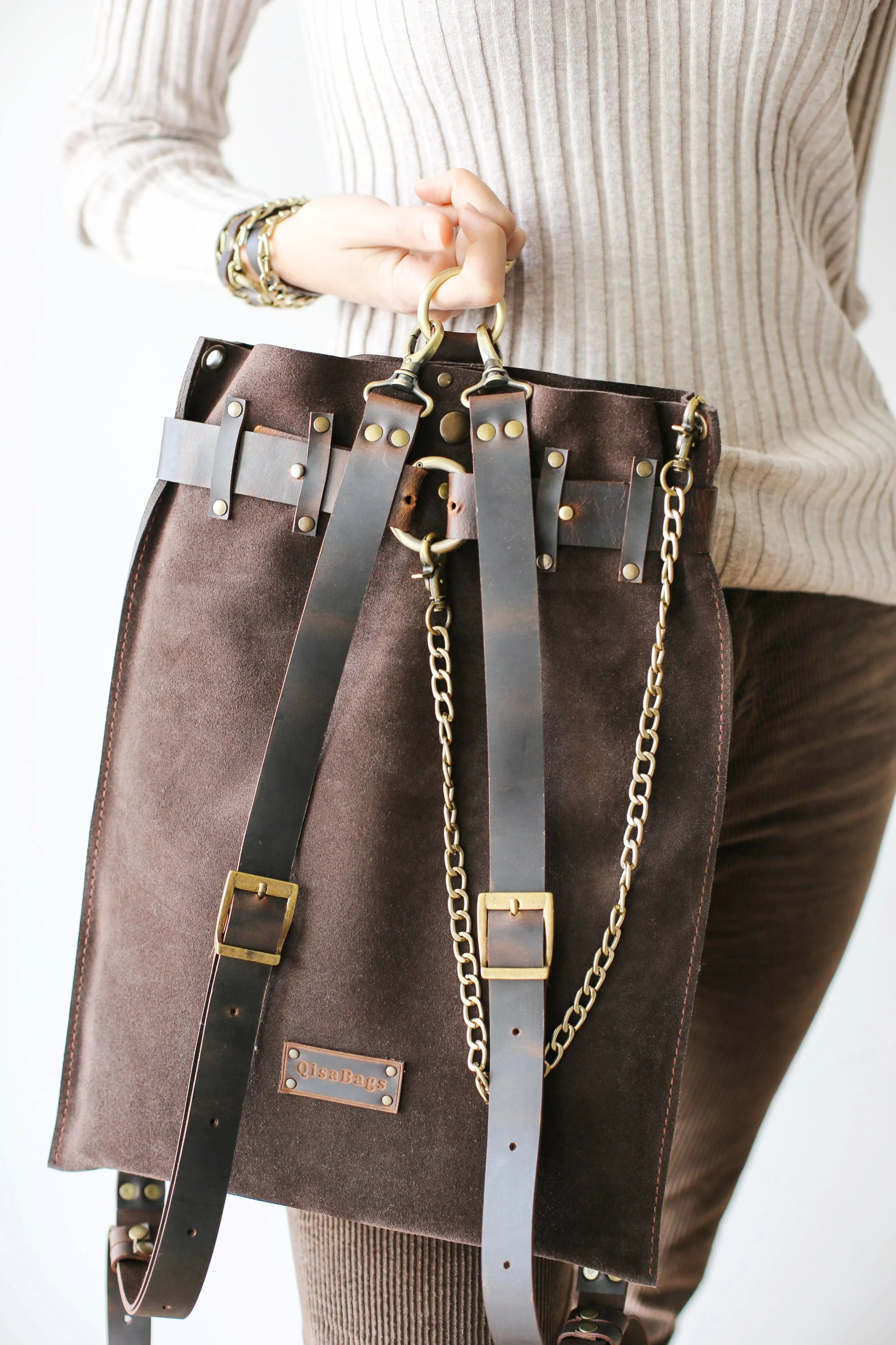 Dark Brown Suede Backpack- "Ring Belt" Edition
