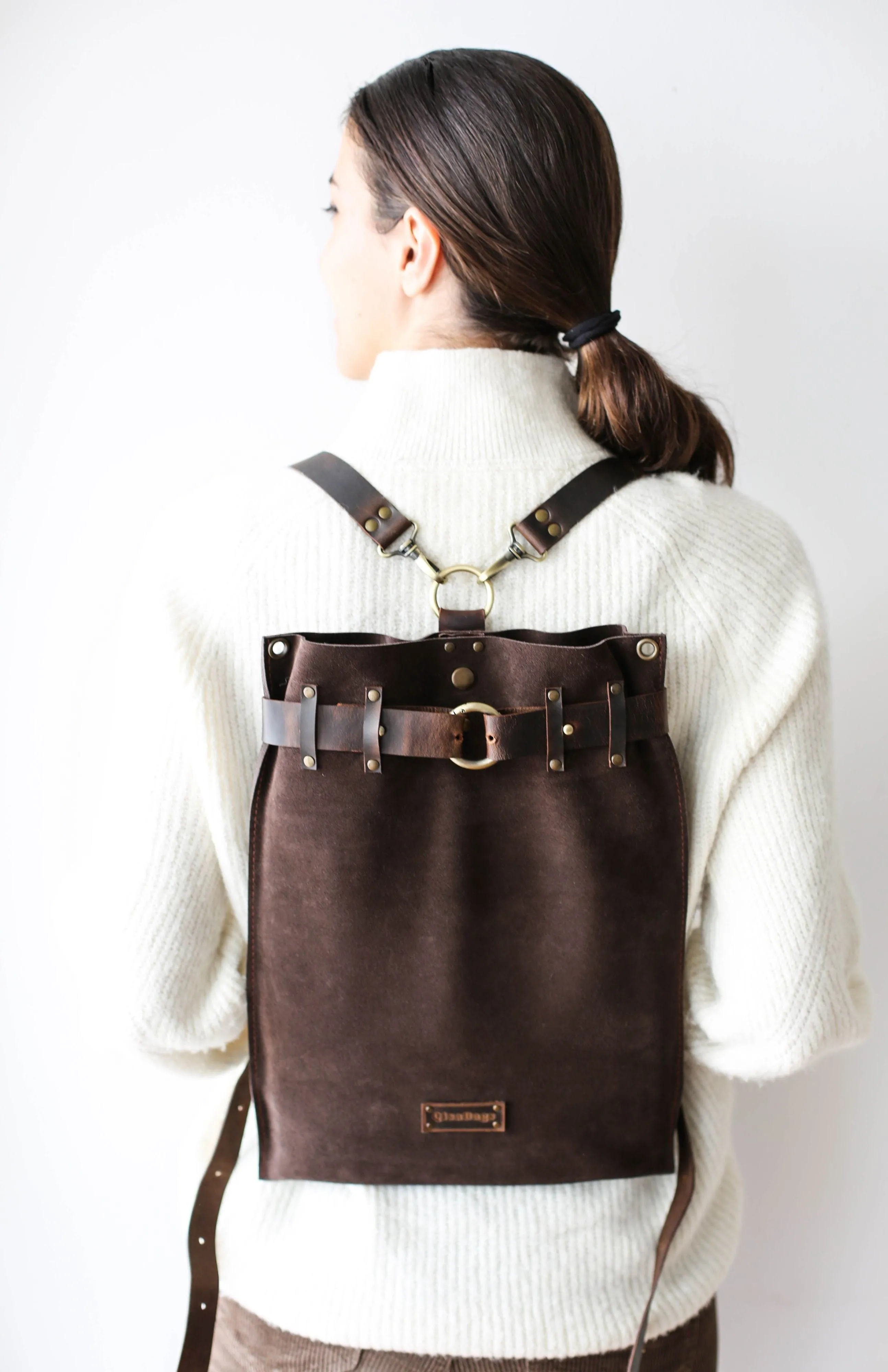 Dark Brown Suede Backpack- "Ring Belt" Edition