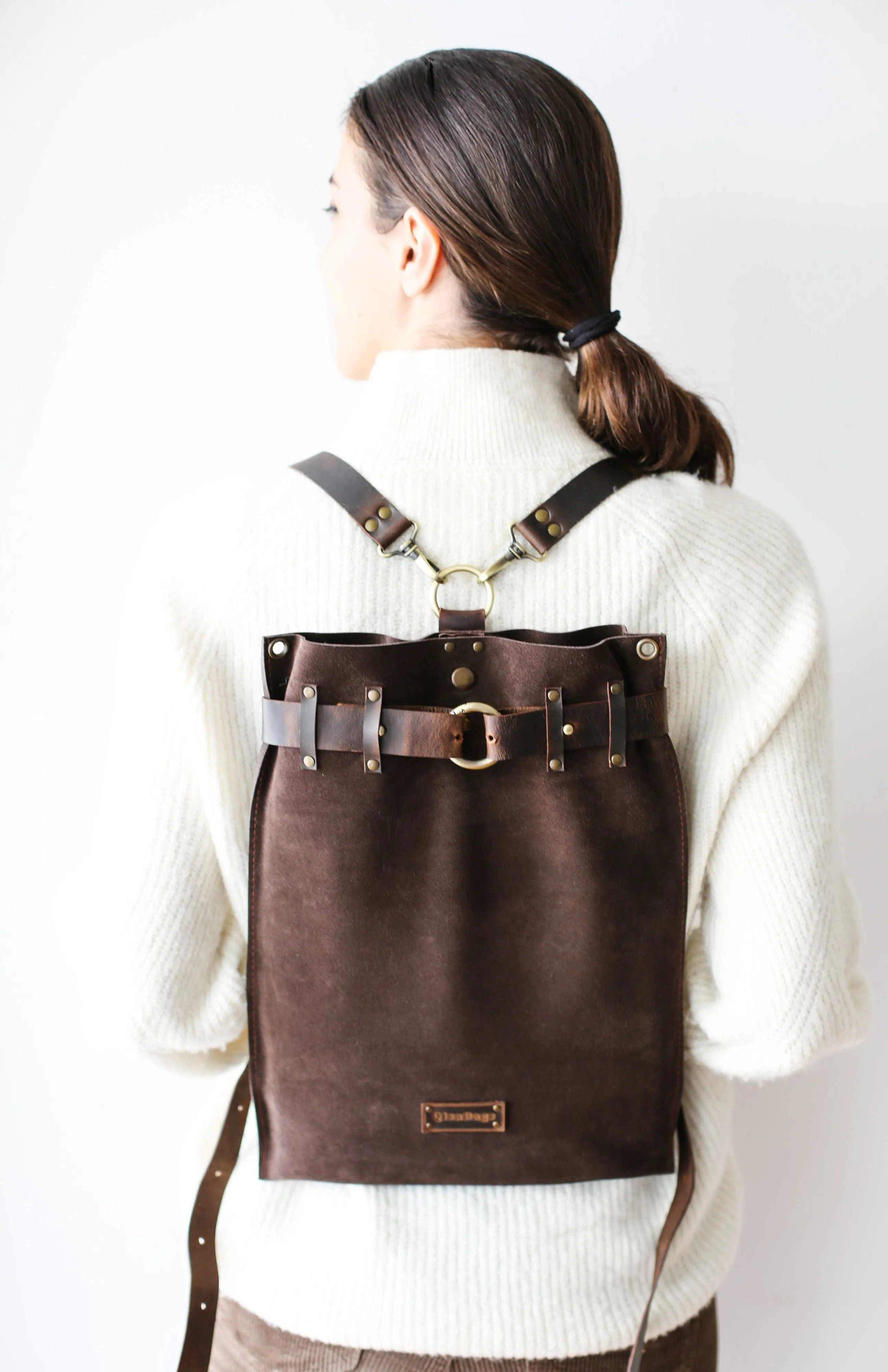 Dark Brown Suede Backpack- "Ring Belt" Edition