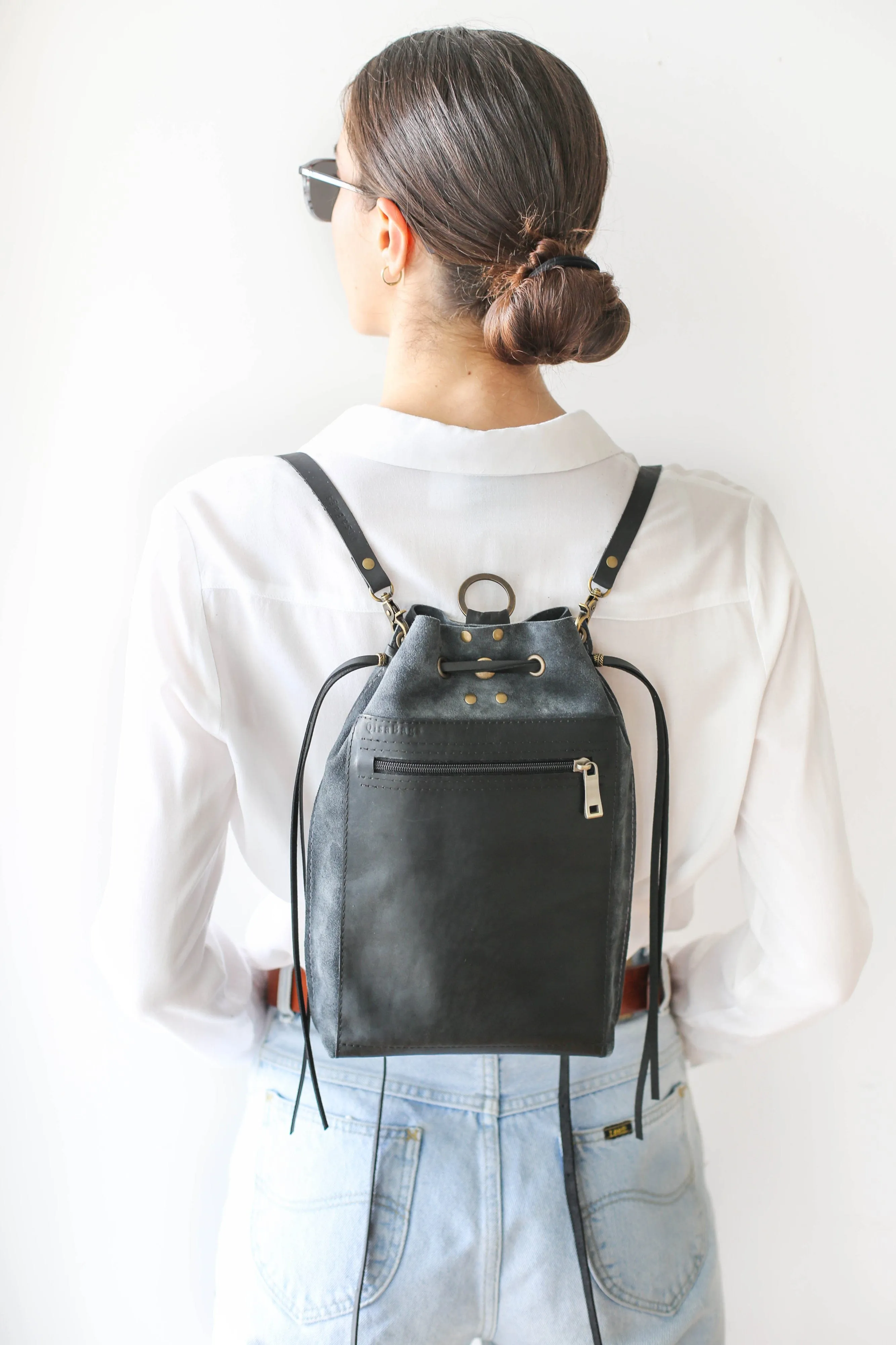 Gray Suede Leather Backpack Purse