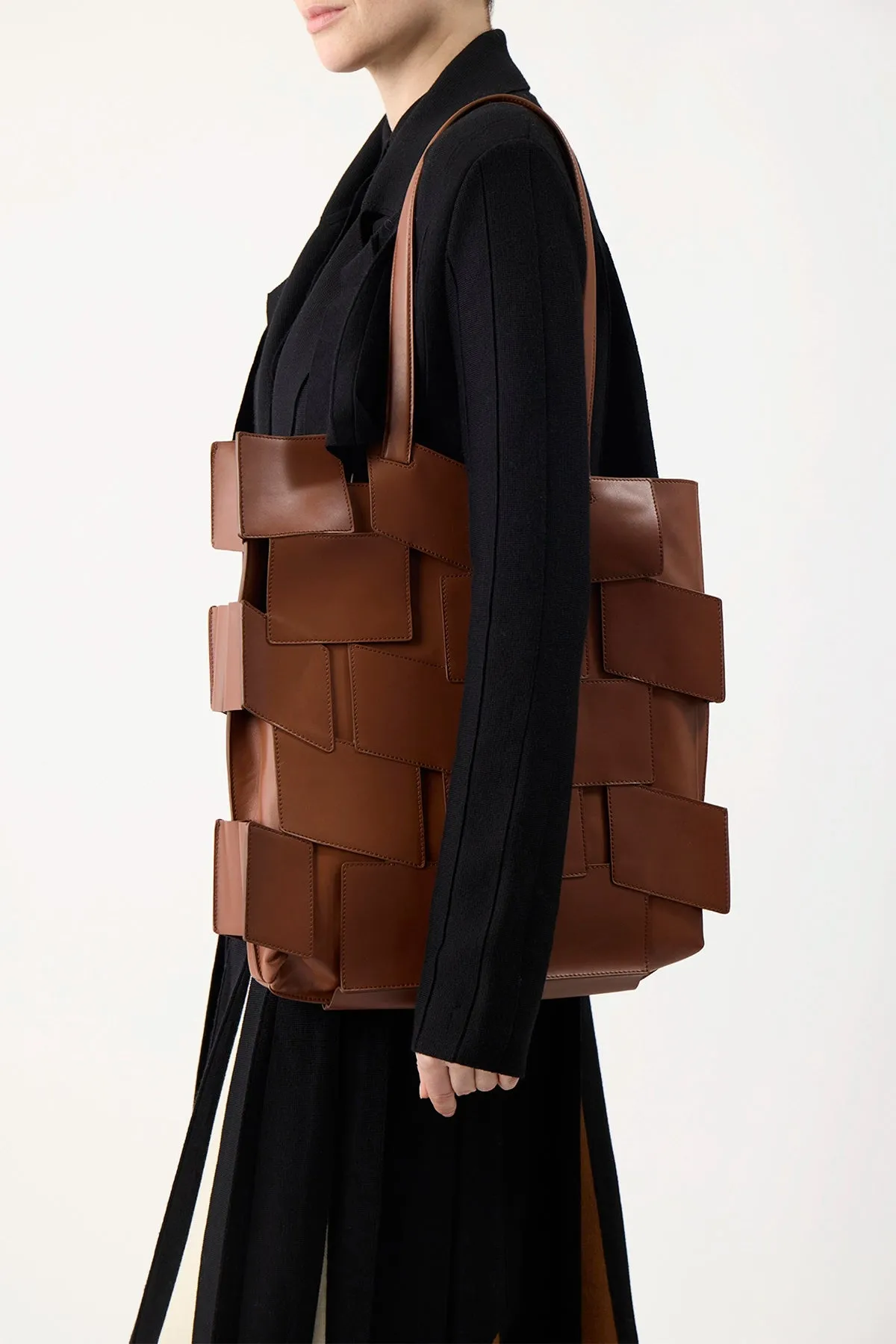 Laquered Patchwork Tote Bag in Cognac Leather