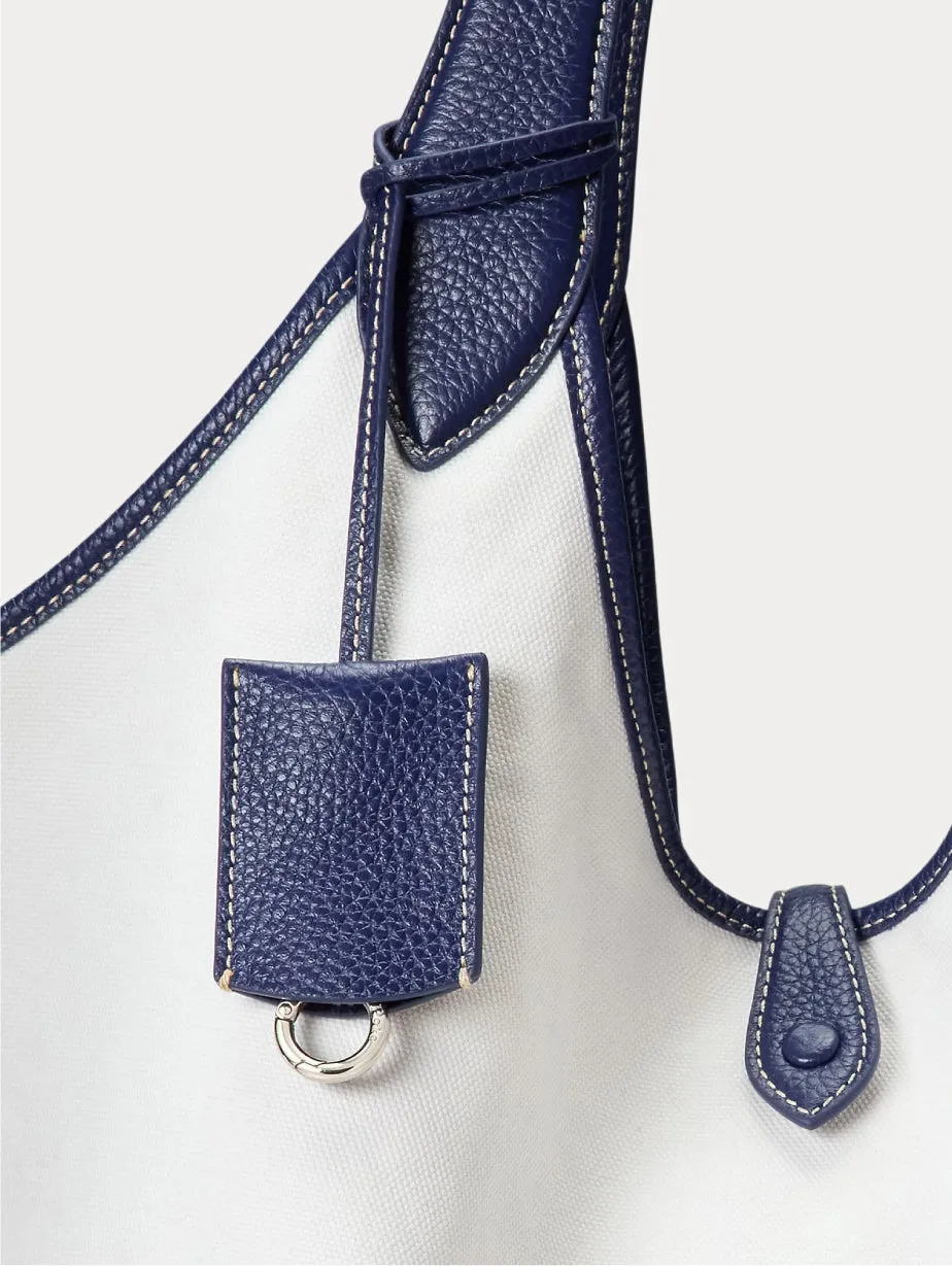 Large Tote Bag in White/Blue Cotton and Leather