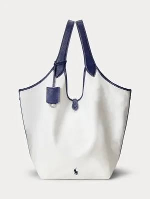 Large Tote Bag in White/Blue Cotton and Leather