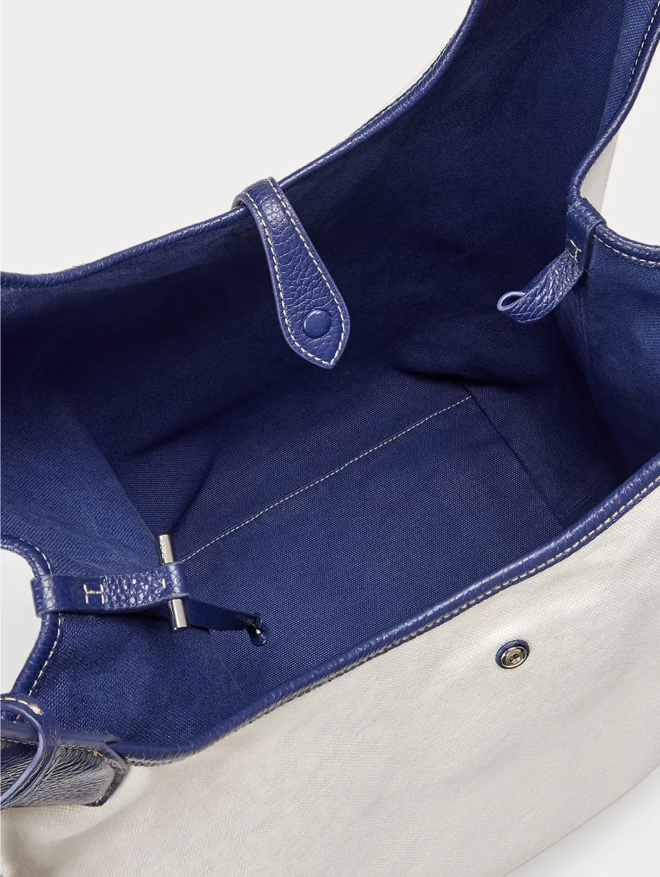 Large Tote Bag in White/Blue Cotton and Leather