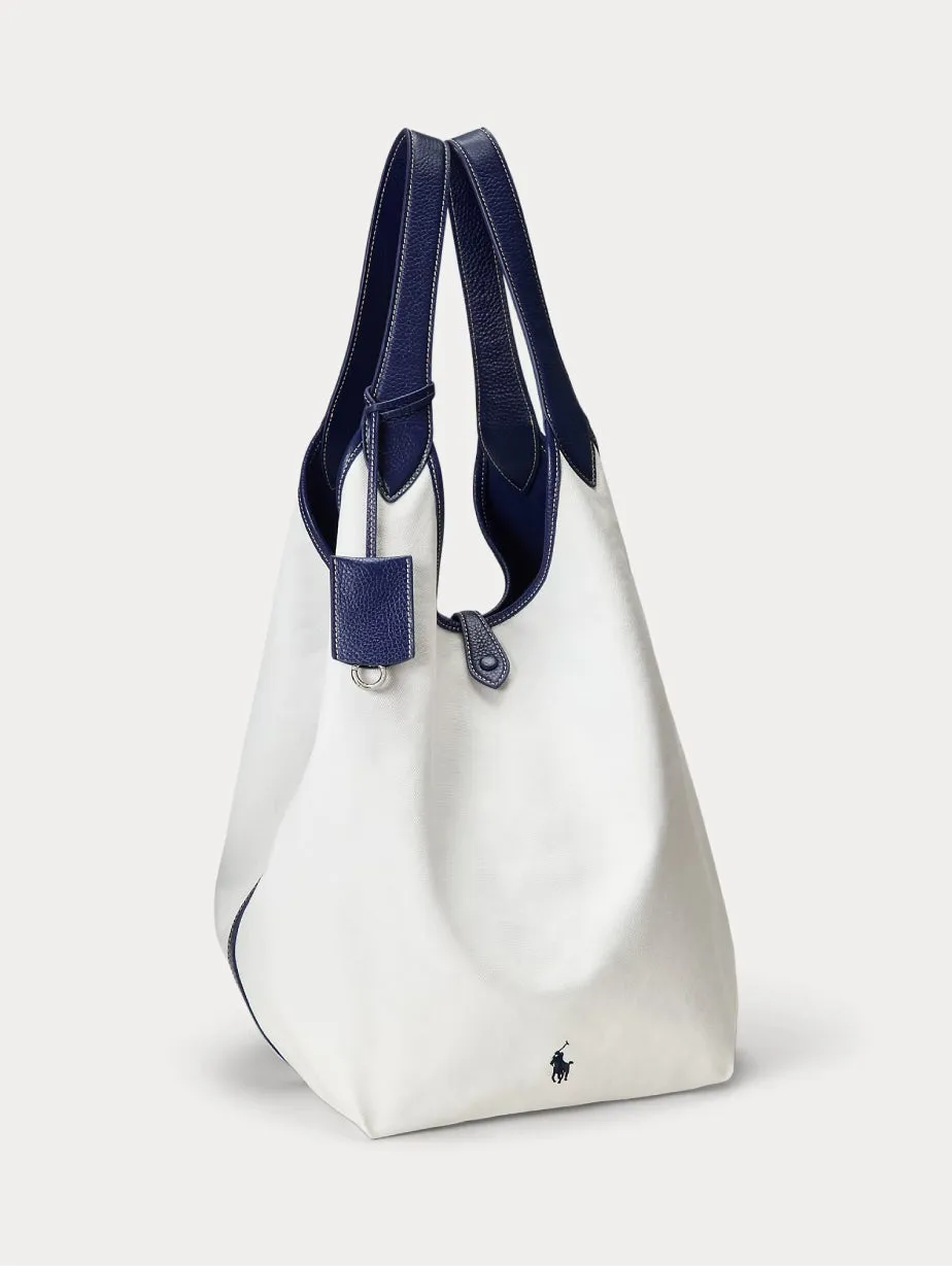 Large Tote Bag in White/Blue Cotton and Leather