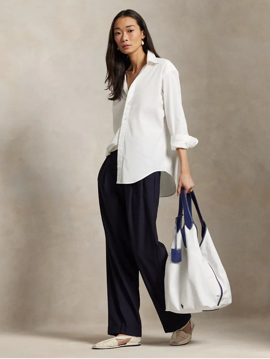 Large Tote Bag in White/Blue Cotton and Leather