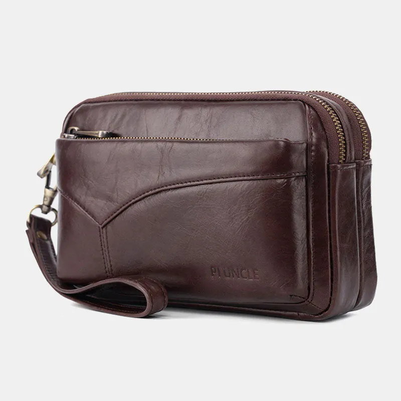 Men First Layer Cowhide Multi-pocket Horizontal Clutch Bags Retro Large Capacity 6.5 Inch Phone Bag