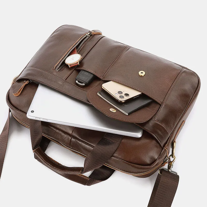 Men Genuine Leather Multi-pocket Vintage 14 Inch Laptop Bag Briefcases Crossbody Bag Shoulder Bag Handbag
