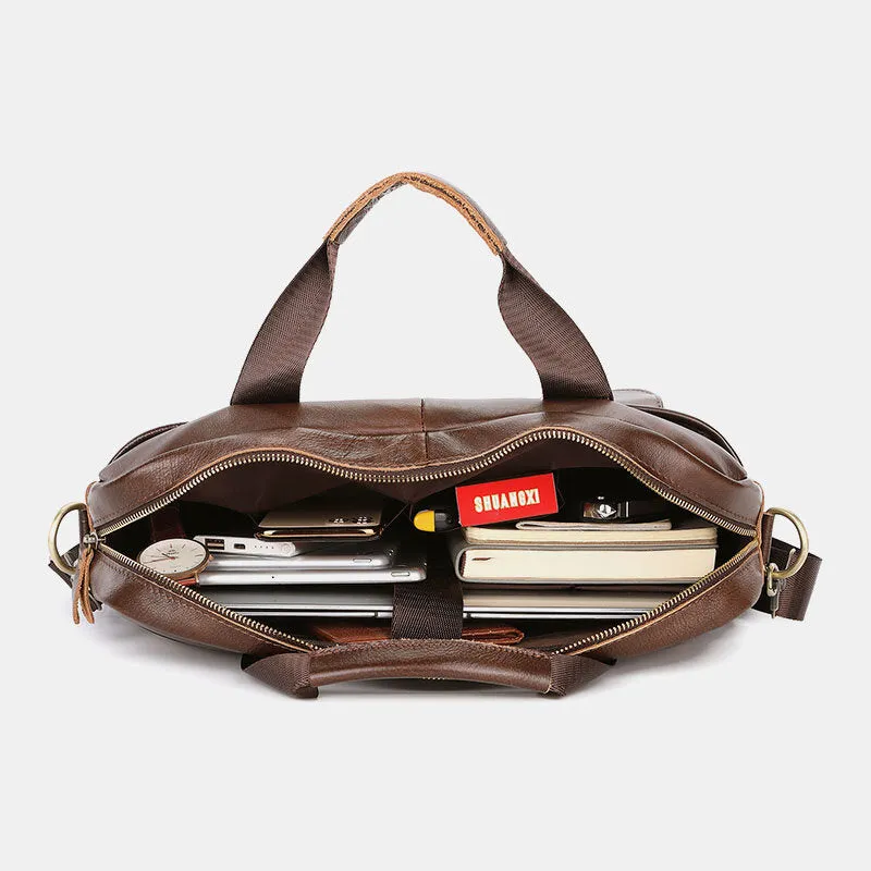 Men Genuine Leather Multi-pocket Vintage 14 Inch Laptop Bag Briefcases Crossbody Bag Shoulder Bag Handbag