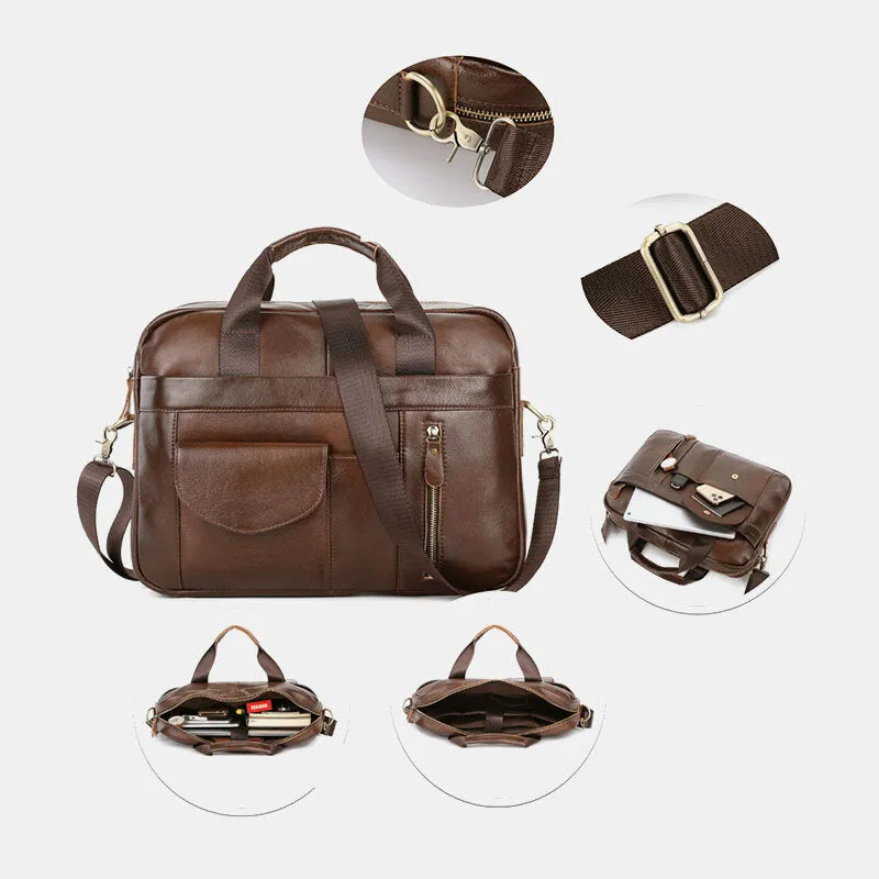 Men Genuine Leather Multi-pocket Vintage 14 Inch Laptop Bag Briefcases Crossbody Bag Shoulder Bag Handbag