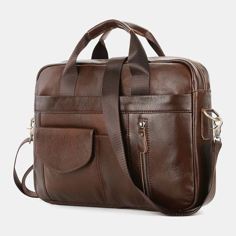 Men Genuine Leather Multi-pocket Vintage 14 Inch Laptop Bag Briefcases Crossbody Bag Shoulder Bag Handbag