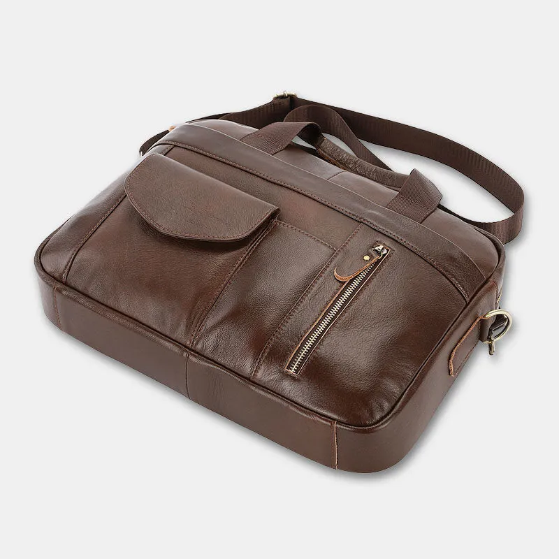 Men Genuine Leather Multi-pocket Vintage 14 Inch Laptop Bag Briefcases Crossbody Bag Shoulder Bag Handbag