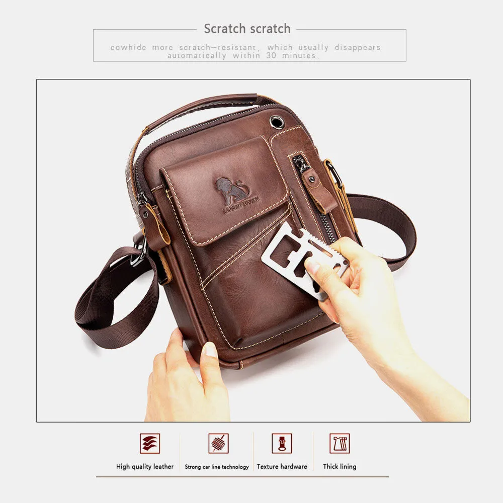 Men Genuine Leather Wear-resistant Headphone Hole Multi-pocket Vintage Crossbody Bag Shoulder Bag