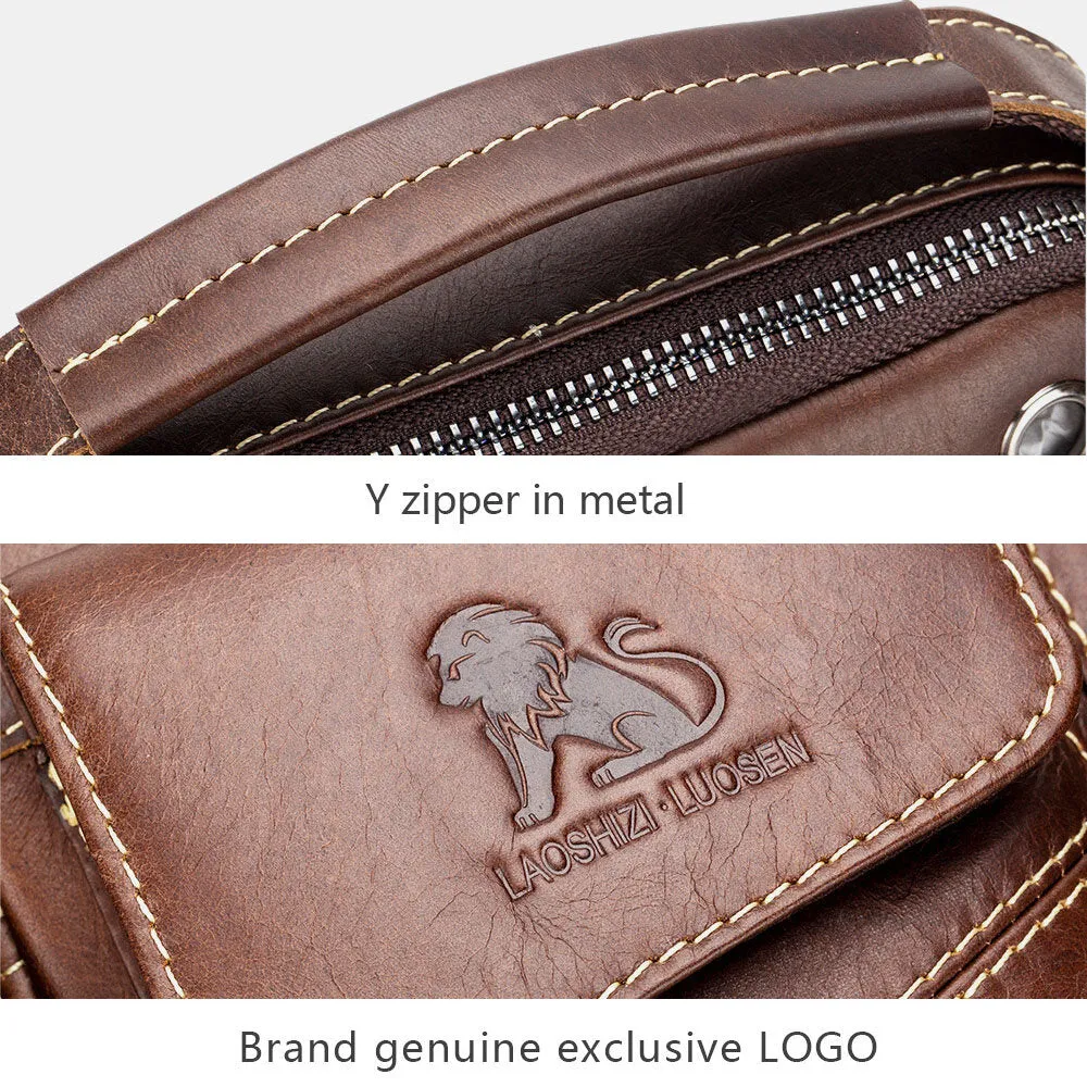 Men Genuine Leather Wear-resistant Headphone Hole Multi-pocket Vintage Crossbody Bag Shoulder Bag