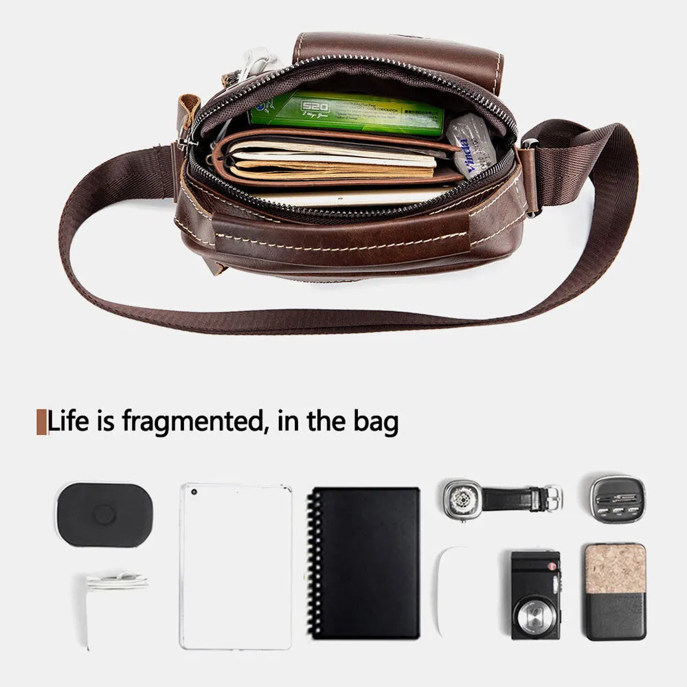 Men Genuine Leather Wear-resistant Headphone Hole Multi-pocket Vintage Crossbody Bag Shoulder Bag