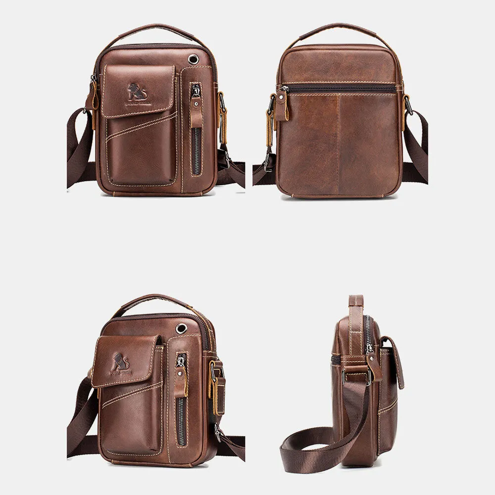 Men Genuine Leather Wear-resistant Headphone Hole Multi-pocket Vintage Crossbody Bag Shoulder Bag