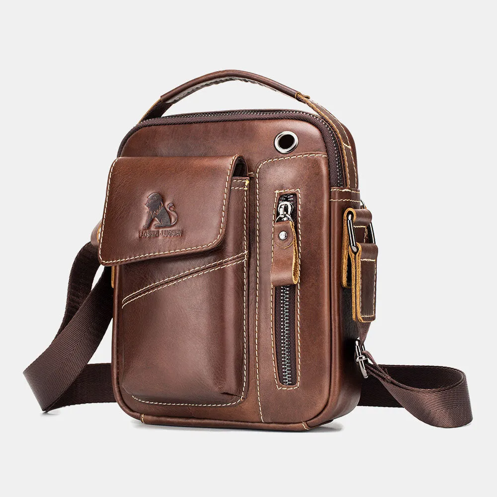 Men Genuine Leather Wear-resistant Headphone Hole Multi-pocket Vintage Crossbody Bag Shoulder Bag