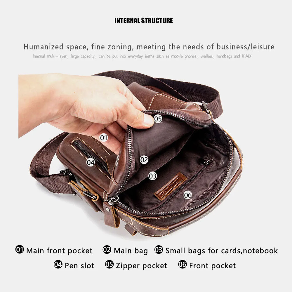 Men Genuine Leather Wear-resistant Headphone Hole Multi-pocket Vintage Crossbody Bag Shoulder Bag