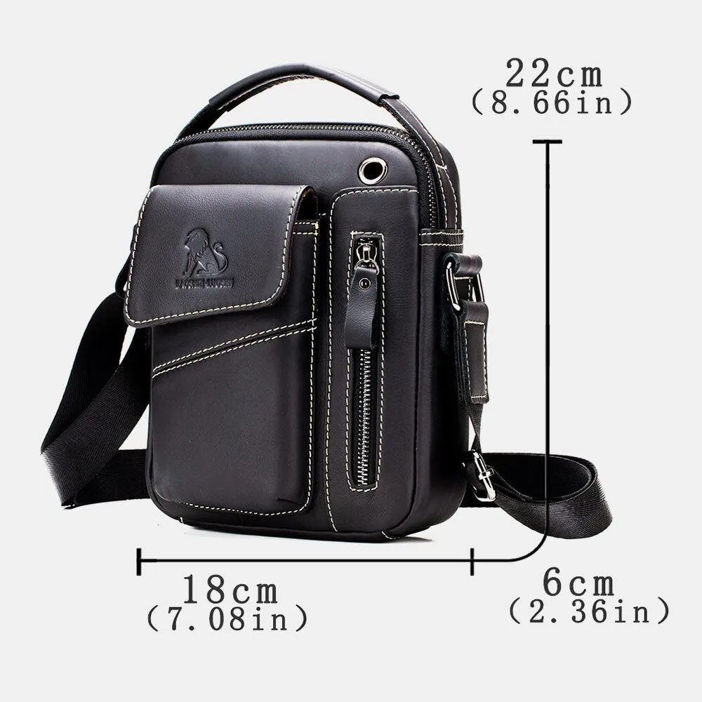 Men Genuine Leather Wear-resistant Headphone Hole Multi-pocket Vintage Crossbody Bag Shoulder Bag
