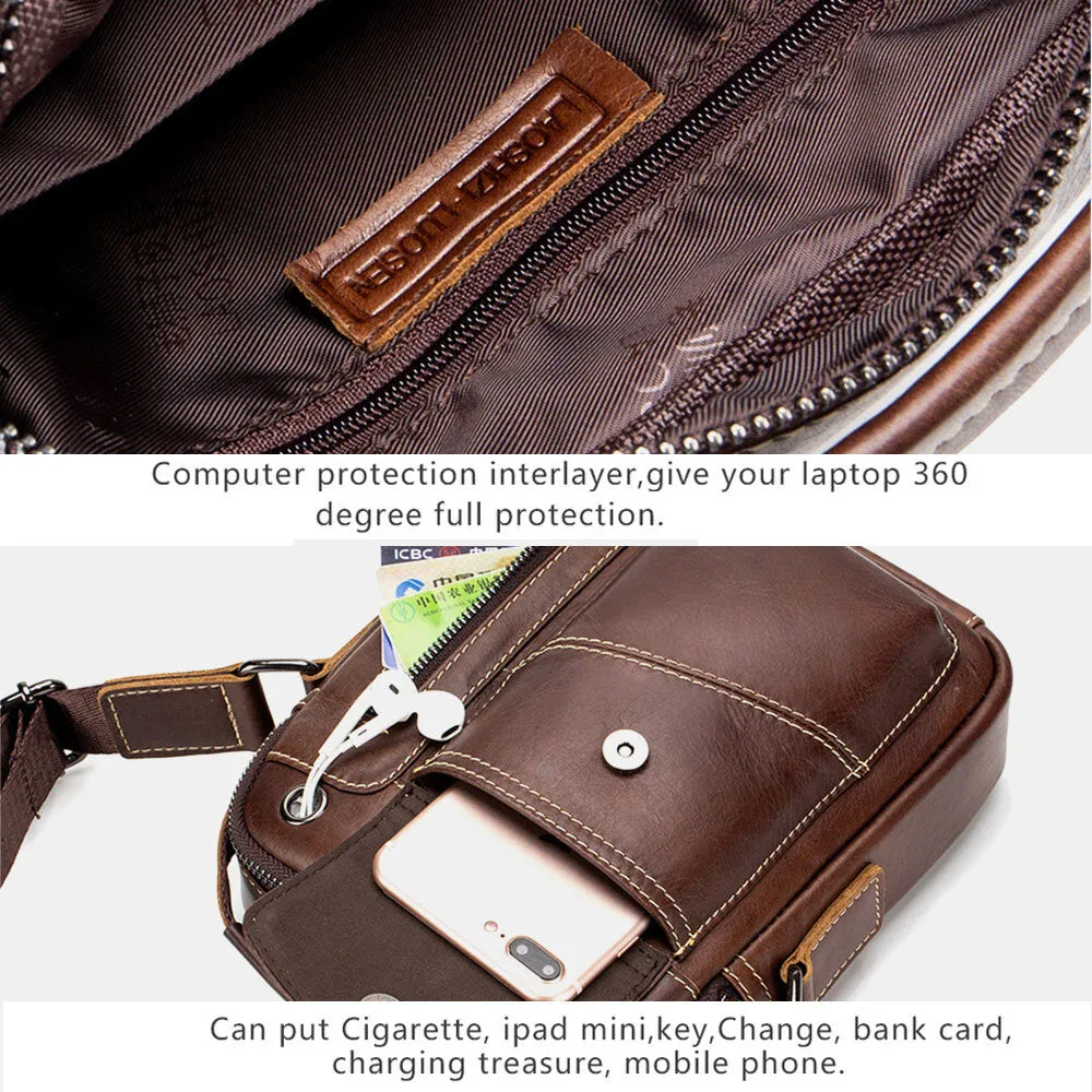 Men Genuine Leather Wear-resistant Headphone Hole Multi-pocket Vintage Crossbody Bag Shoulder Bag
