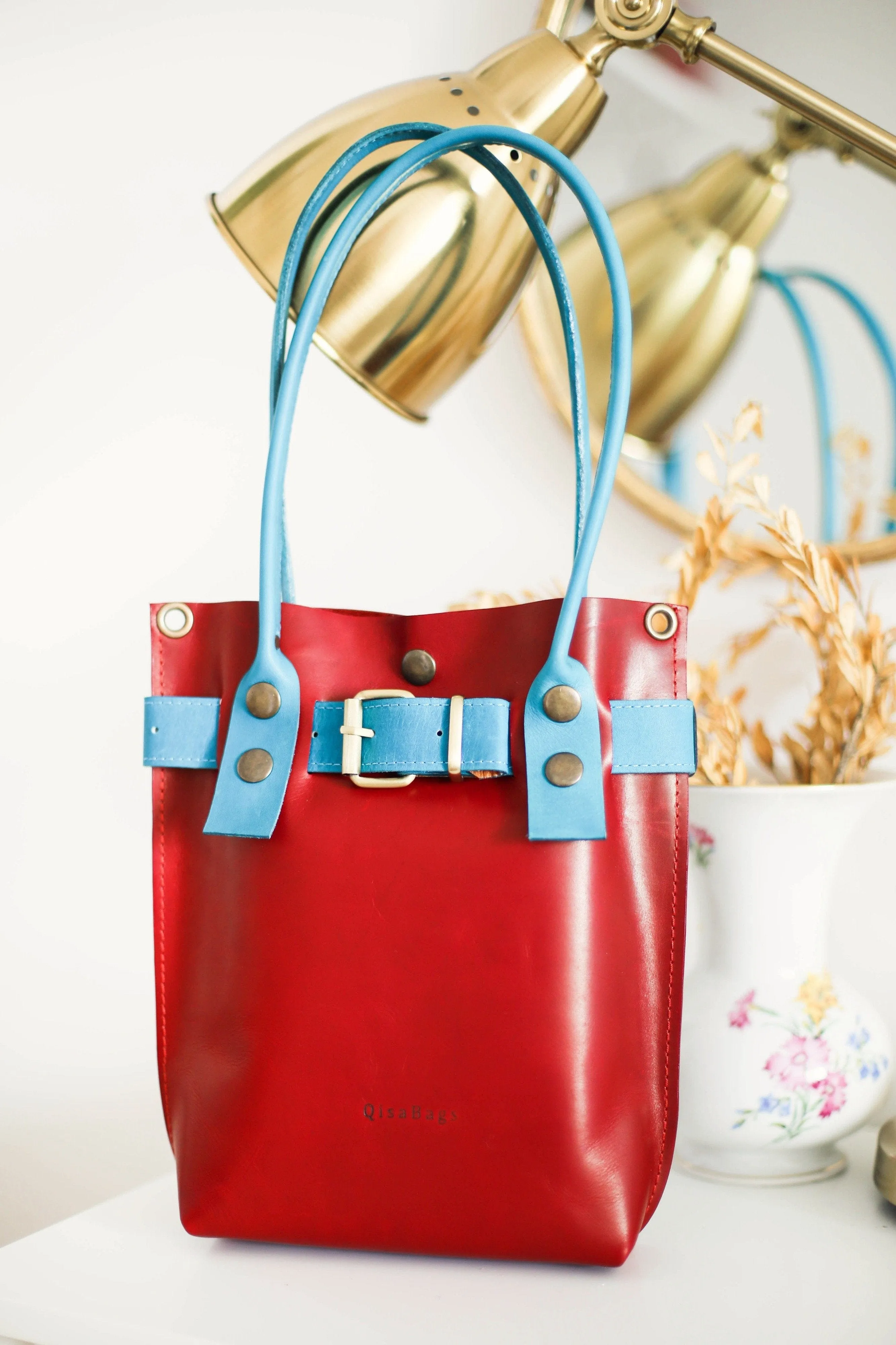 Red w/ Blue Leather Handbag