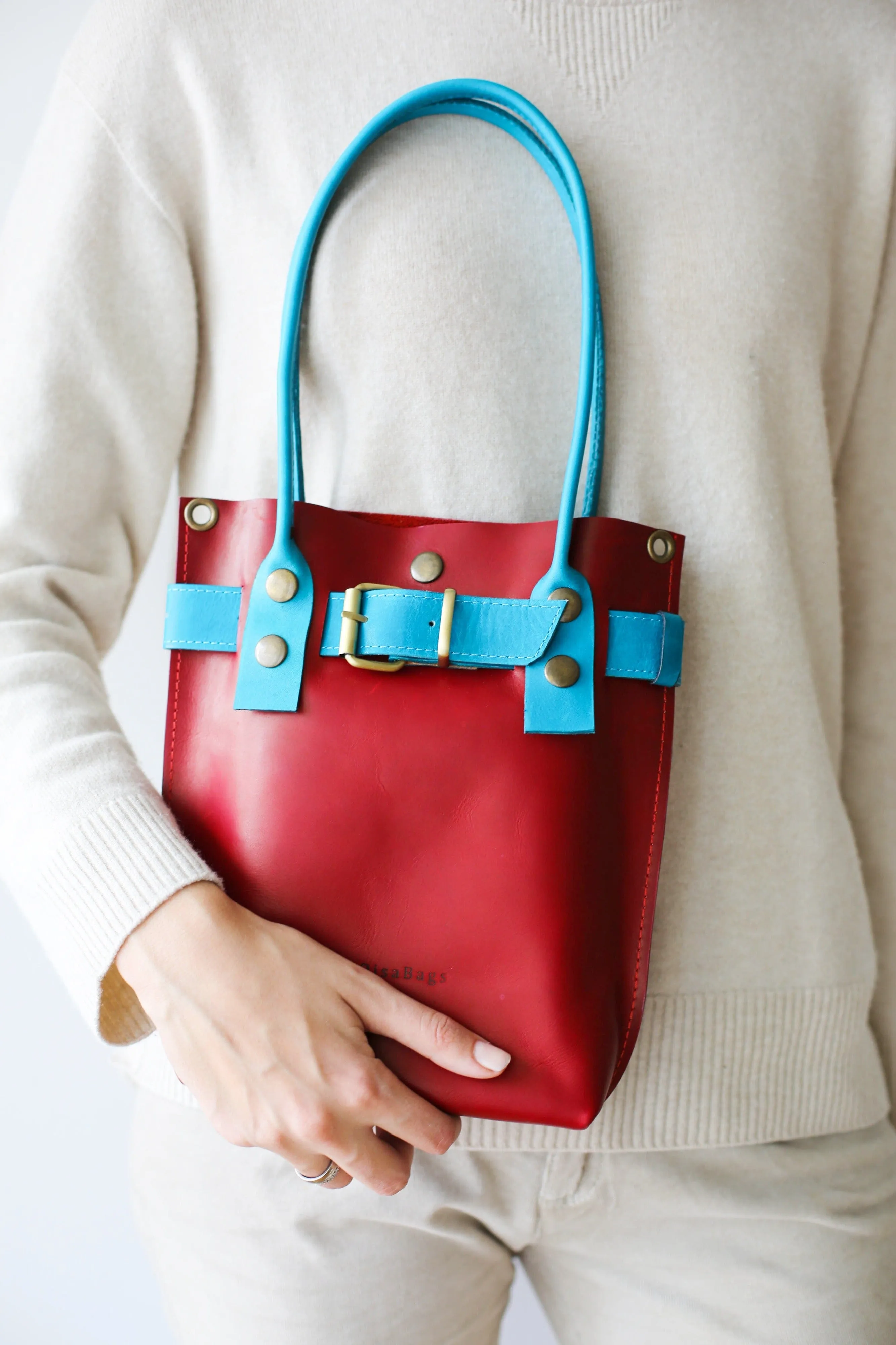 Red w/ Blue Leather Handbag