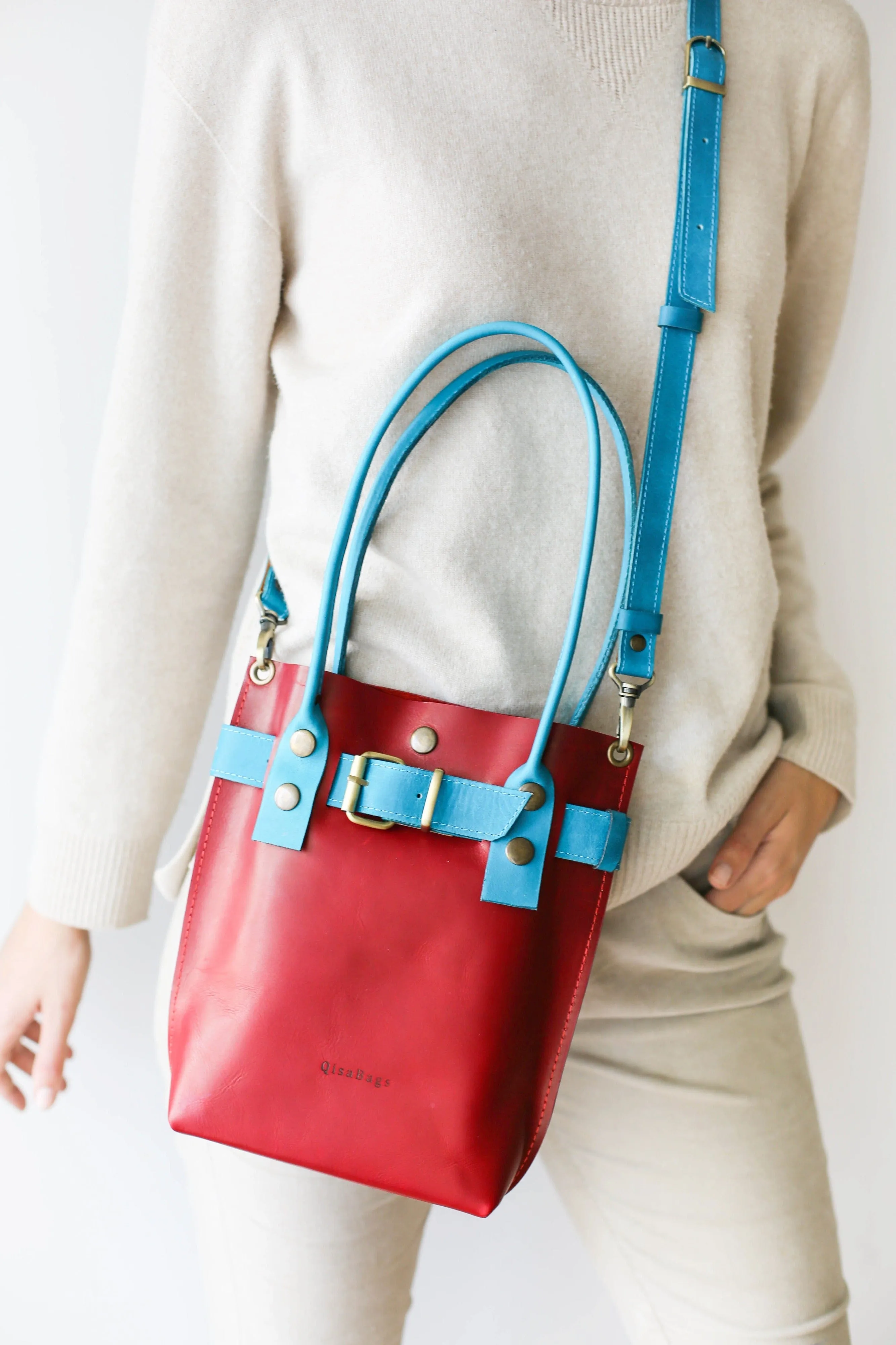 Red w/ Blue Leather Handbag