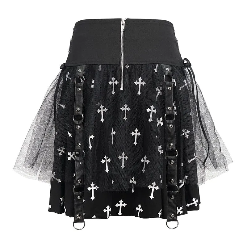 Women's Gothic Cross Printed Mesh Splice Chain Skirt