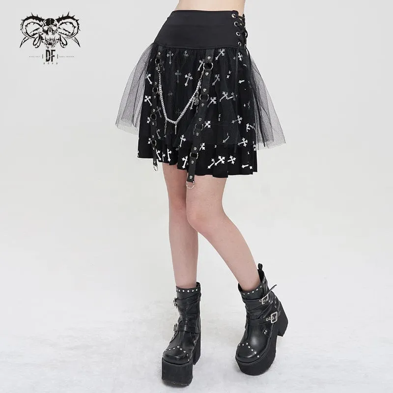 Women's Gothic Cross Printed Mesh Splice Chain Skirt