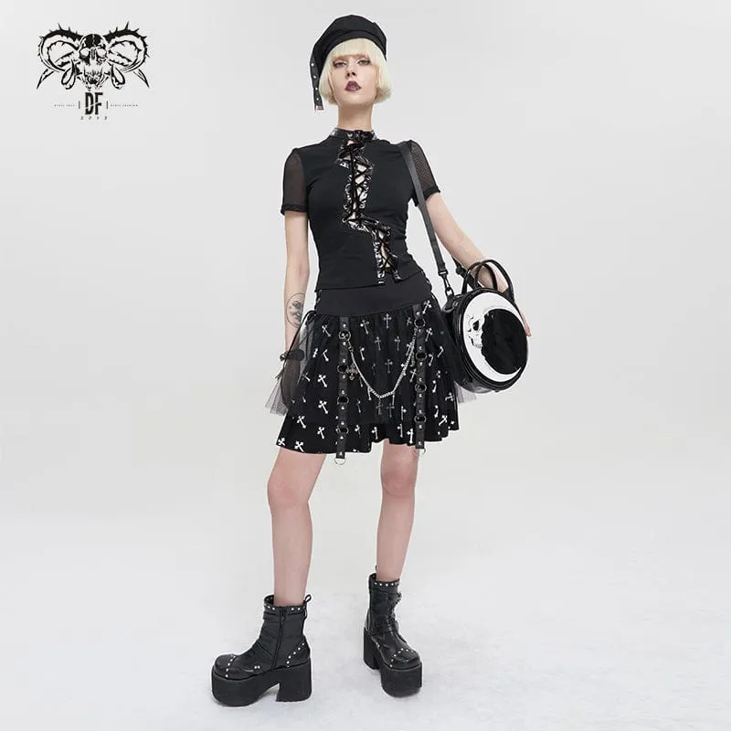 Women's Gothic Cross Printed Mesh Splice Chain Skirt