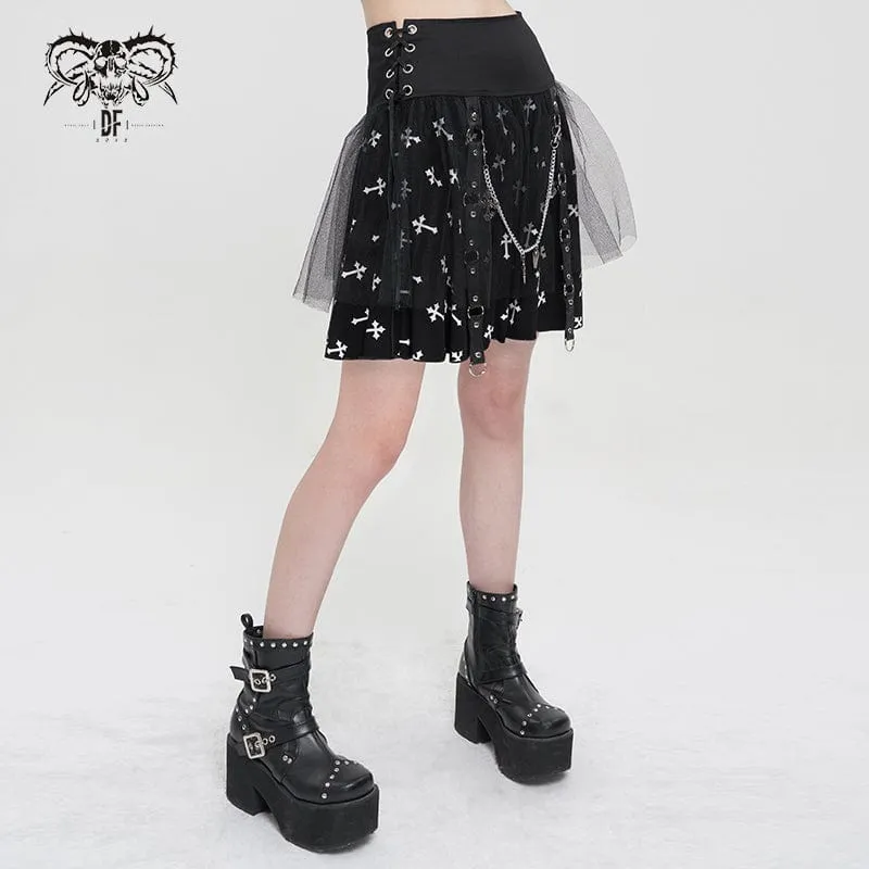 Women's Gothic Cross Printed Mesh Splice Chain Skirt