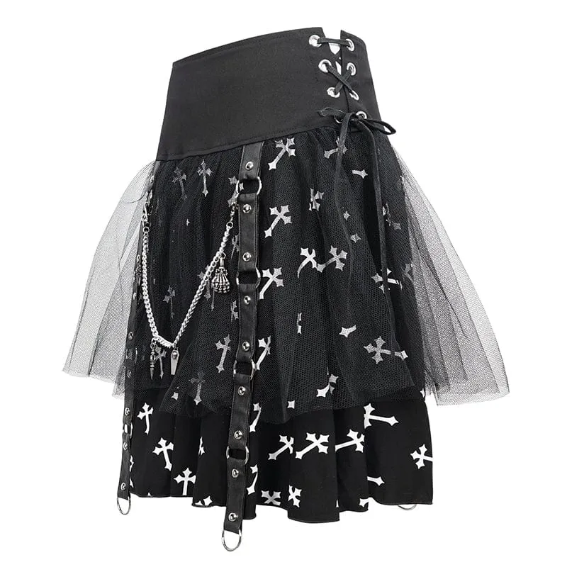Women's Gothic Cross Printed Mesh Splice Chain Skirt