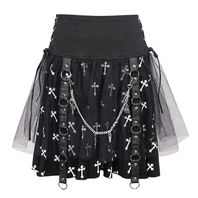 Women's Gothic Cross Printed Mesh Splice Chain Skirt